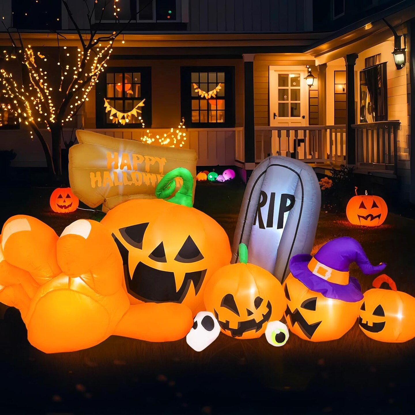 Long Inflatable Blow Ups Yard Decoration Pumpkin with Build-in LEDs(Main Orange)
