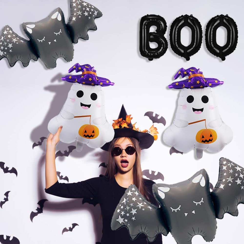 9 Pcs Bat Ghost Balloons BOO Foil Balloon Kit(Black White Purple)