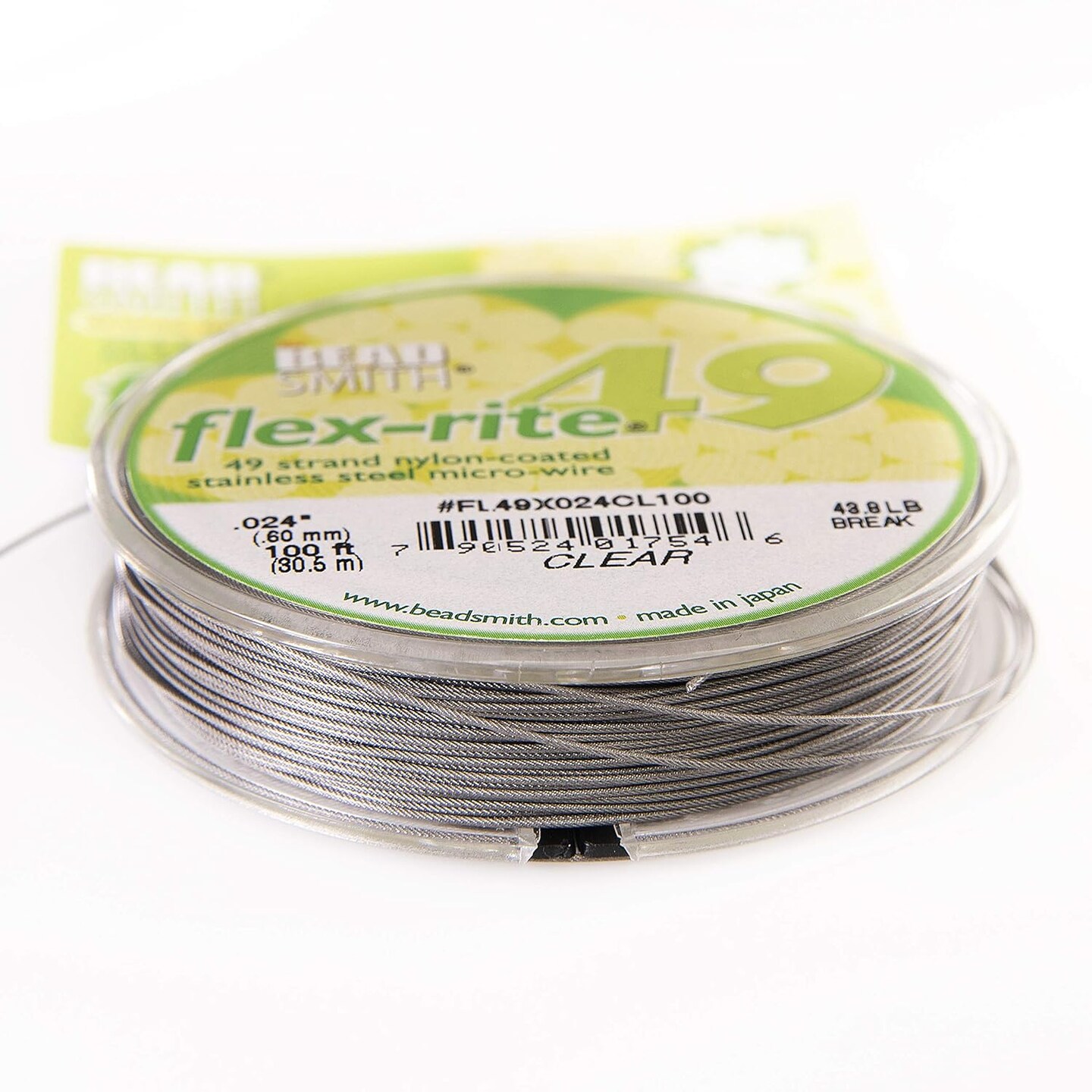 The Beadsmith Flex-Rite Beading Wire - Stainless Steel Micro Flexible Wire, 49 Strand, Clear Color, .024&#x22; Diameter, 100-Foot Spool, Nylon Coated