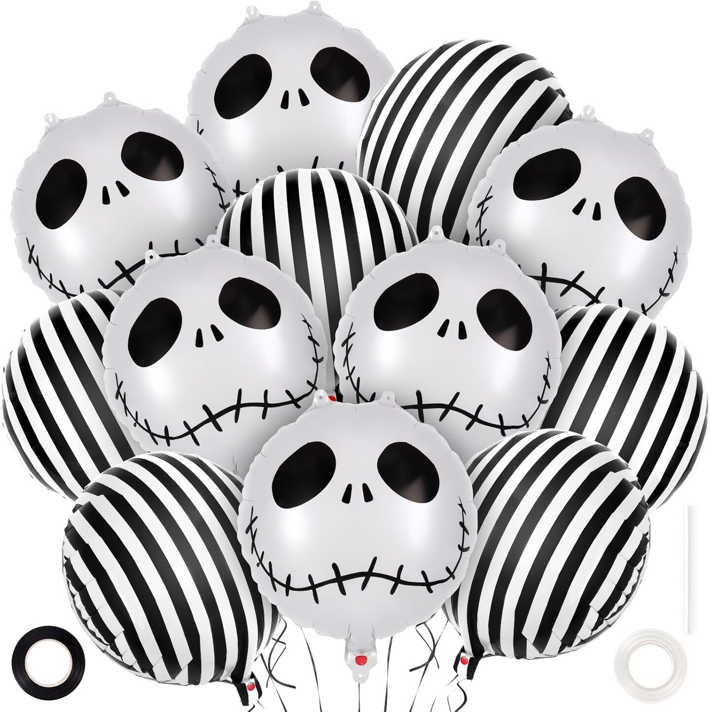 12 Pcs Black and White Skeletons Striped Foil Balloons(Skull and Strip)