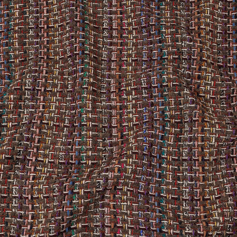 1 Yard Italian Taupe, Burgundy and Multicolor Tweedy Plaid Blended Wool Woven 60&#x2019;&#x2019; Width