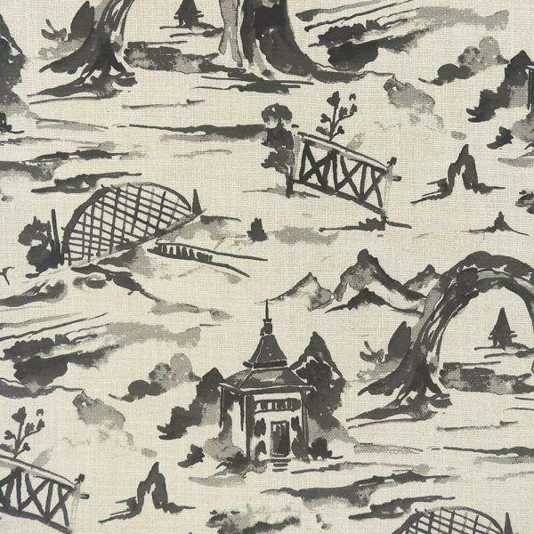 1 Yard Toile Chinoiserie Black Basketweave Nanping 100% Polyester Upholstery Fabric