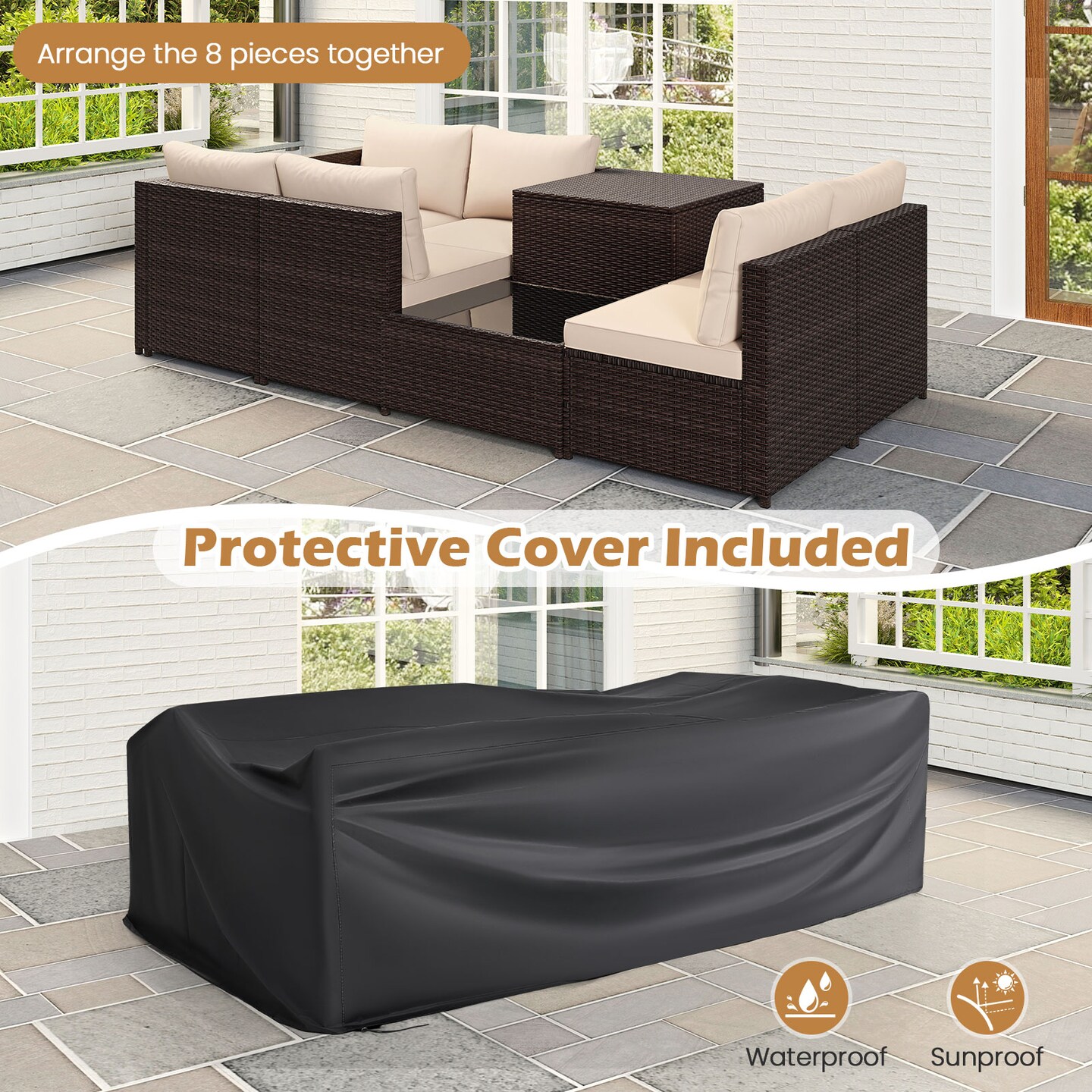 Costway 8 PCS Patio Furniture Set with Storage Box & Tempered Glass Coffee Table Beige