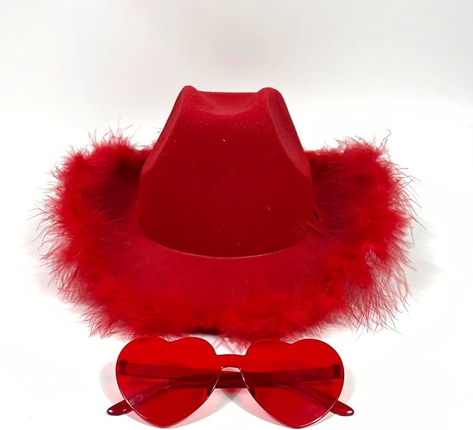 4E&#x2019;s Novelty Red Cowboy Hat for Women &#x26; Heart Sunglasses &#x2013; Felt Cowgirl Hats Women with Feathers