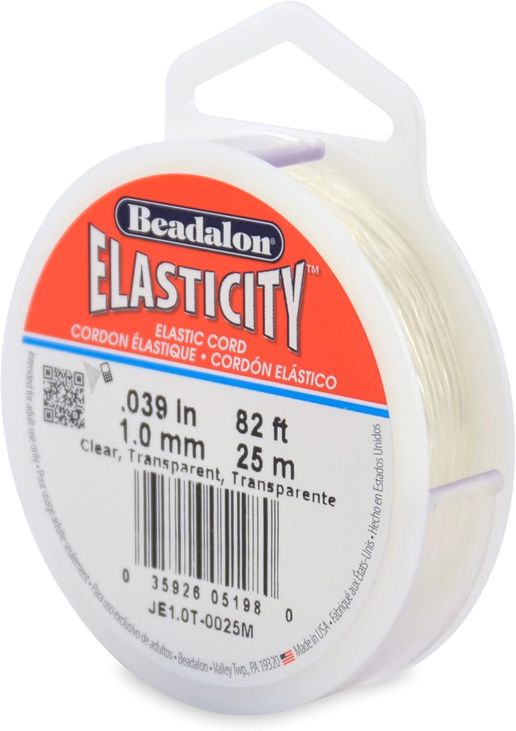 Beadalon Elasticity Stretch Cord, 1.0 mm / .039 in, Clear, 25 m / 82 ft