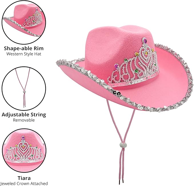 4E's Novelty Preppy Pink Cowboy Cowgirl Hat - Pink Cowgirl Hat Preppy with Sequin,Tiara & Heart Shaped Sunglasses