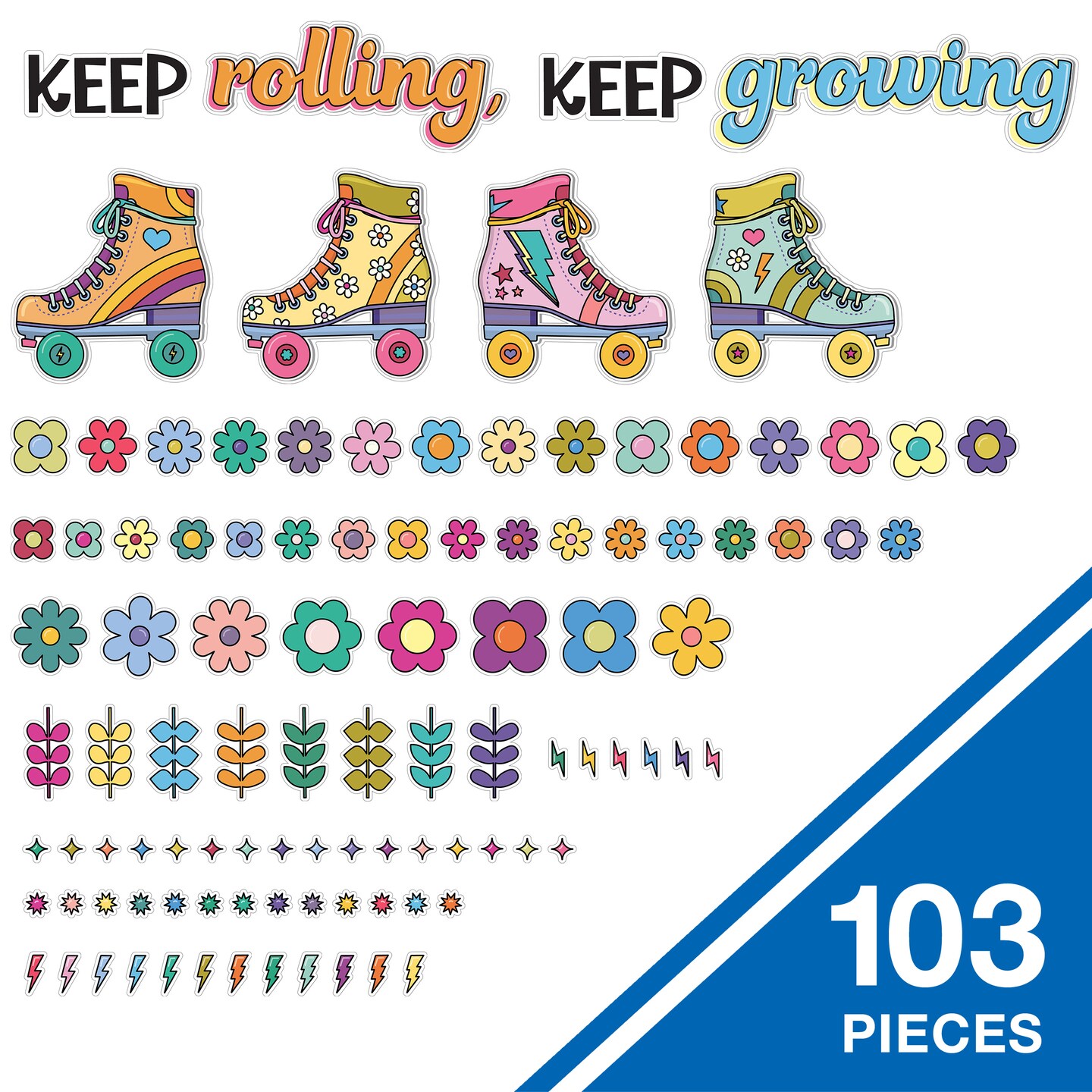 Happily Ever Elementary Retro Remix 103-Piece Motivational Bulletin Board Set, Roller Skates, Flowers, and More Groovy Bulletin Board Decorations for Classroom Decor