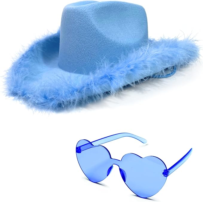 4E&#x2019;s Novelty Light Blue Cowboy Hat with Feathers &#x26; with Heart Shaped Glasses for Rodeo Parties &#x26; Dress Up Costumes