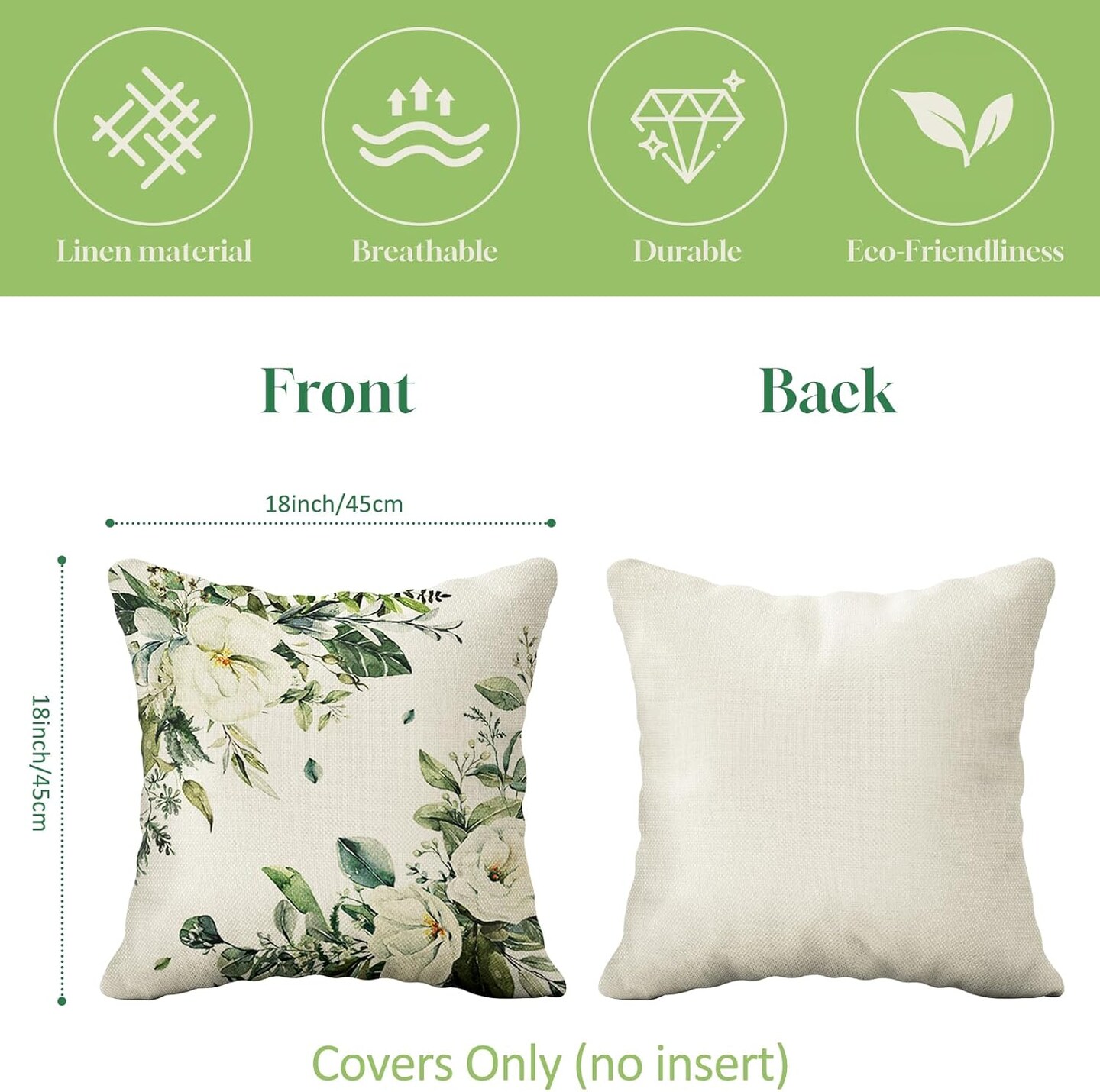 Spring Summer Green Throw Pillow Covers 18x18 Floral Farmhouse Decorative Cushion for Couch Sofa Living Room Set of 4