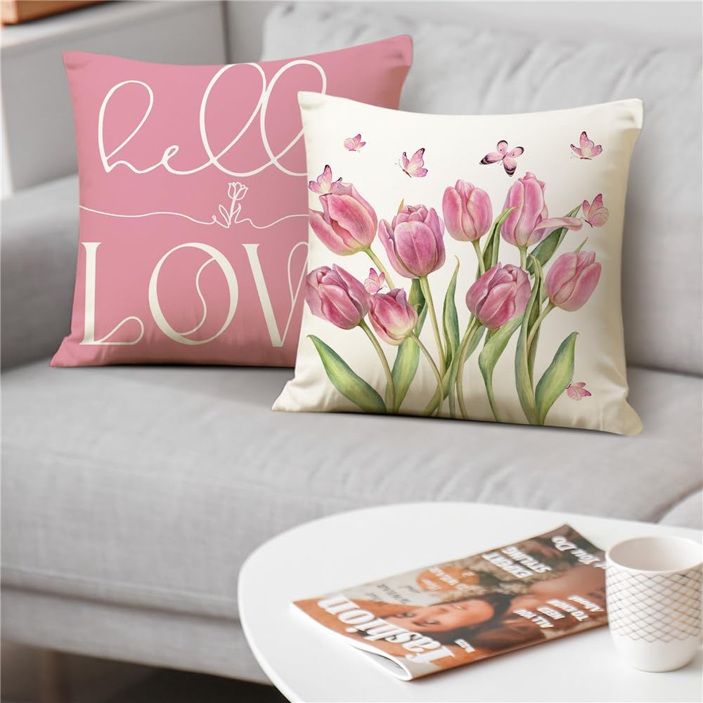 Spring Decorations Pink Tulip Spring Pillow Covers 18x18 Set of 4 Butterfly Flowers Bicycle Throw Pillow Case Hello Love Flowers Market Farmhouse Cushion Cover for Home Sofa Couch