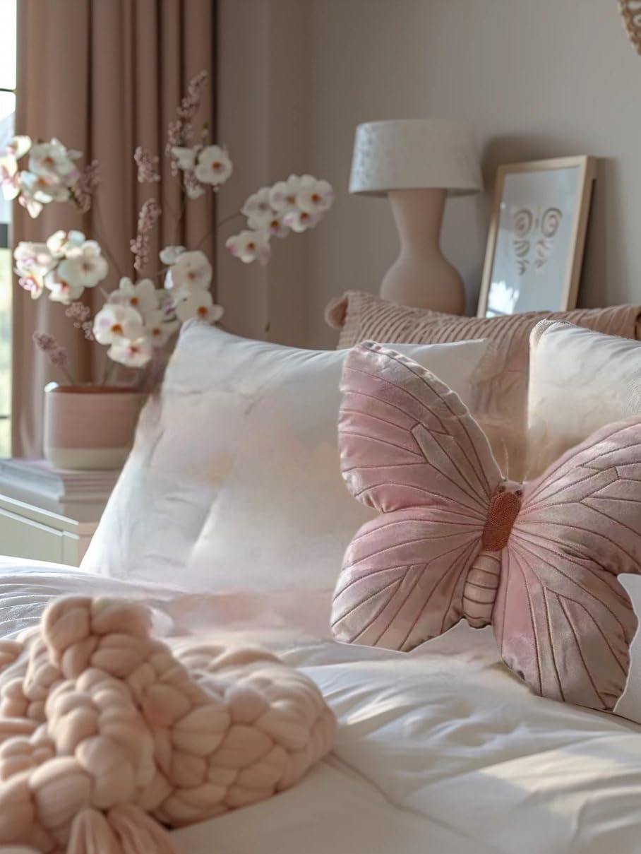Butterfly Throw Pillow, Pink Butterfly-Shaped Glitter Velvet Stuffed Cushion Shiny Spring Decorative Animal Pillow for Couch Living Room Bed (Butterfly-B,11.8&#x22;x11.8&#x22;)