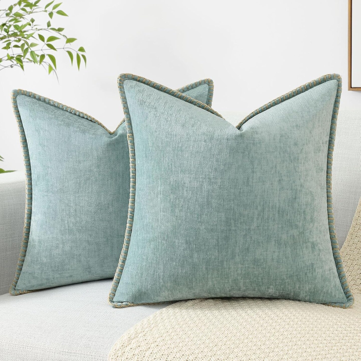 Chenille Soft Throw Pillow Covers 18x18 Set of 2, Farmhouse Velvet Decorative Pillow Covers with Stitched Edge for Couch Sofa Bed, Aqua Haze