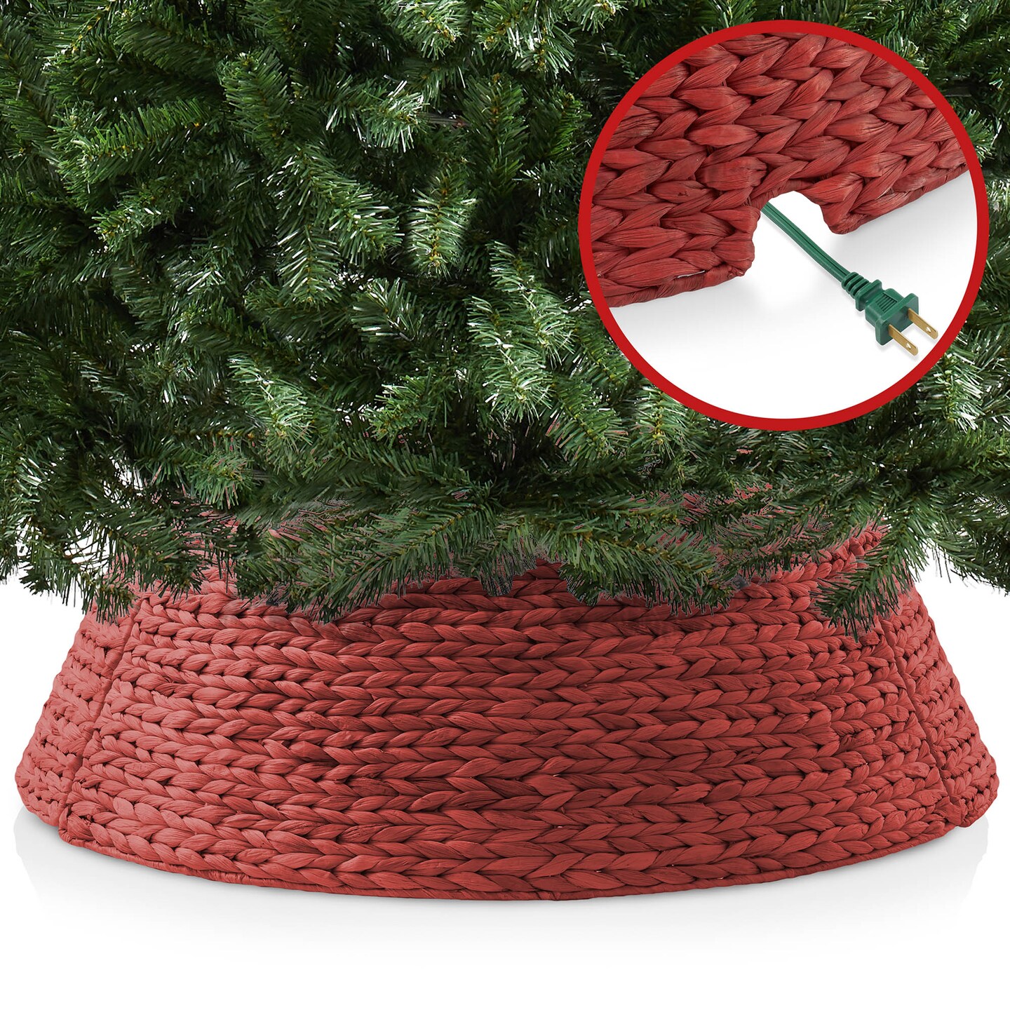 Casafield Christmas Tree Collar, Woven Water Hyacinth Tree Base Cover with Cord Cut Out