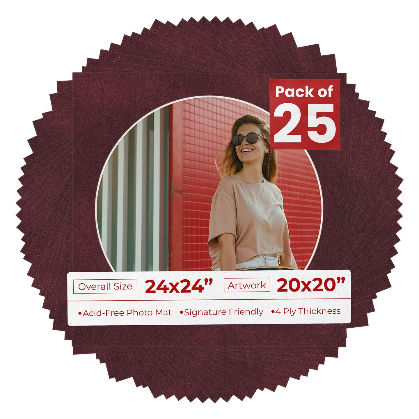 Dark Red Suede Mat Board for 24x24 Frames - Circle Opening for 20x20 Photos