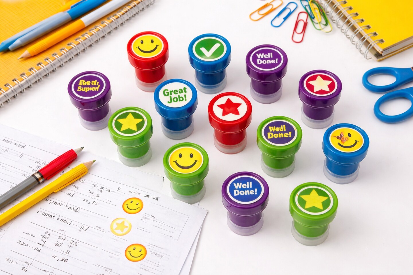 Smile Self Inking Stamps 1.40" – 24 Pack | Teacher Reward & Classroom Grading Stamps
