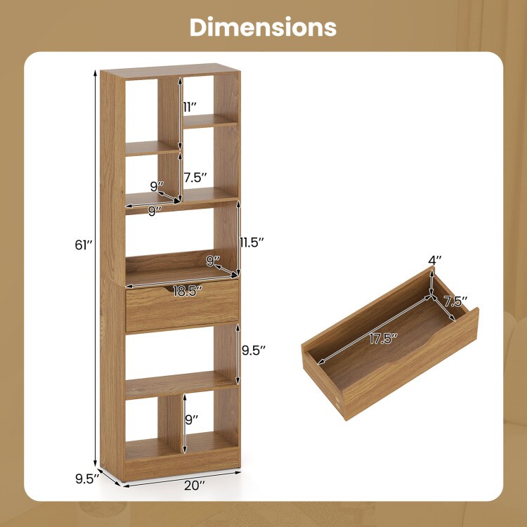 61 Inch Tall Freestanding Bookcase with 8-Cube Storage and Drawer