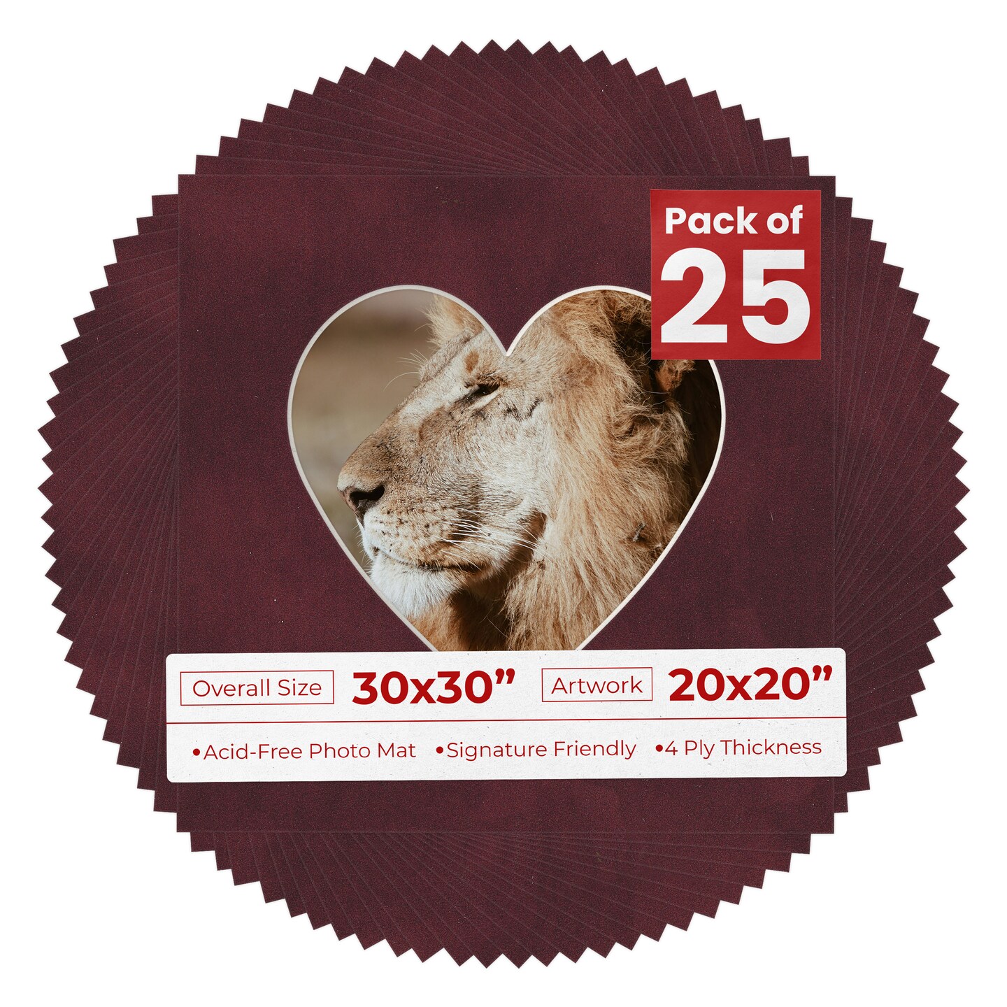Dark Red Suede Mat Board for 30x30 Frames - Heart Opening for 20x20 Photos