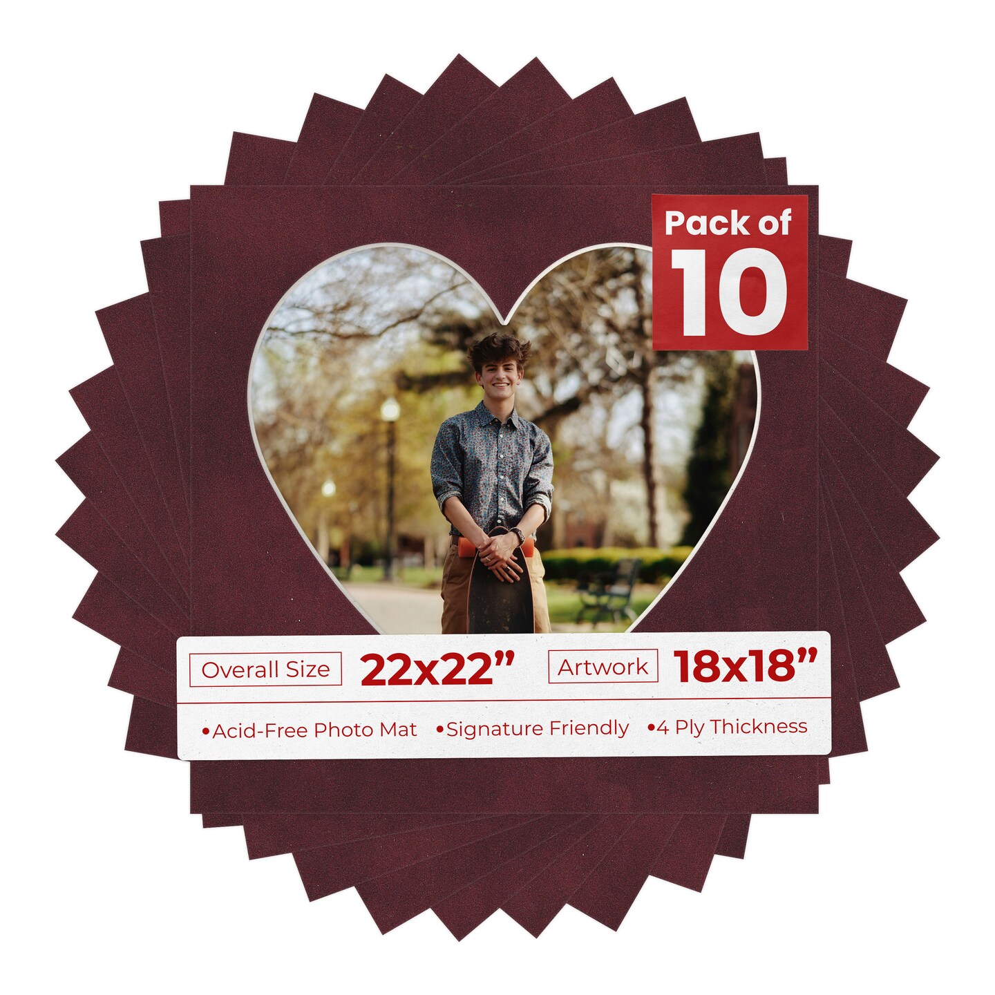 Dark Red Suede Mat Board for 22x22 Frames - Heart Opening for 18x18 Photos