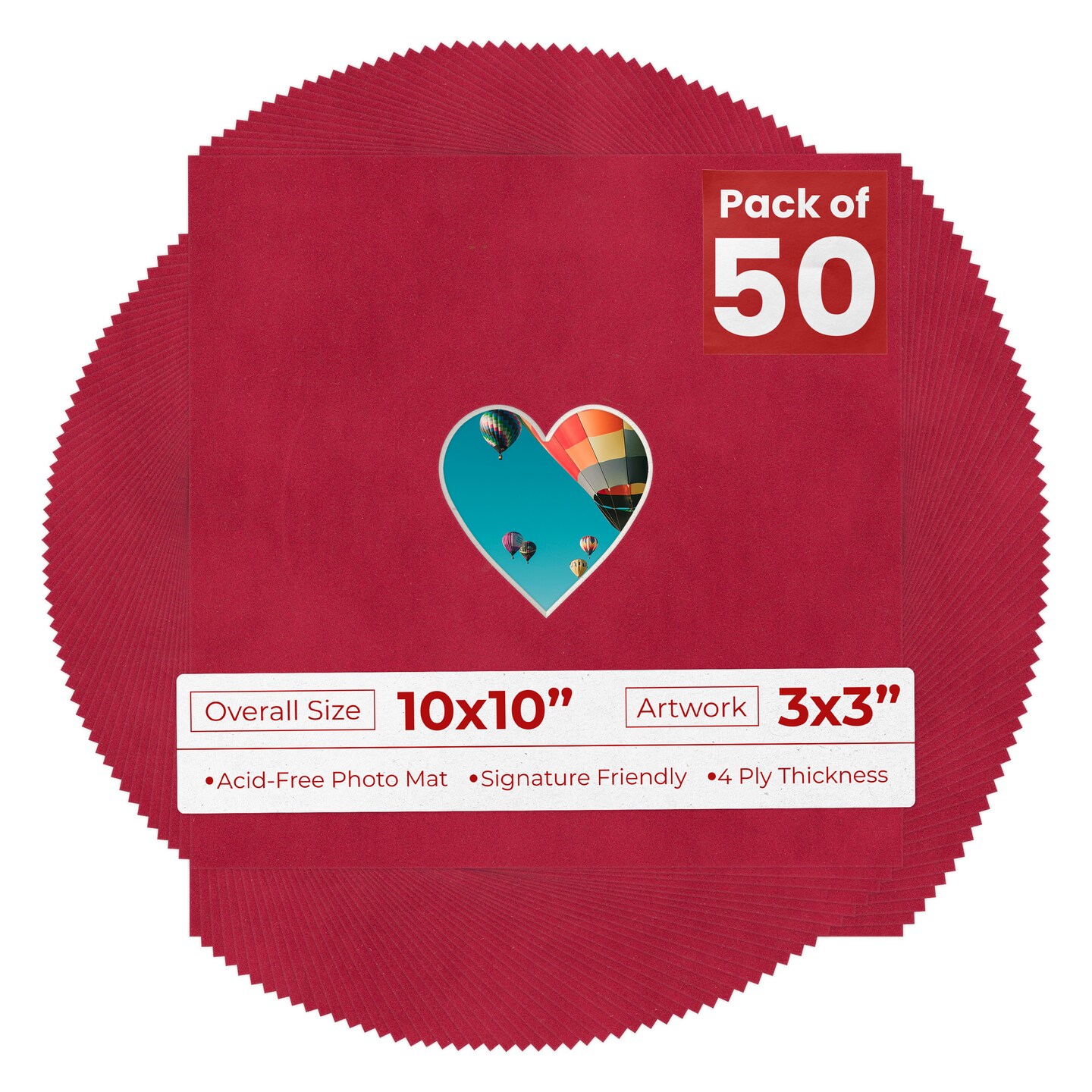 Red Suede Mat Board for 10x10 Frames - Heart Opening for 3x3 Photos