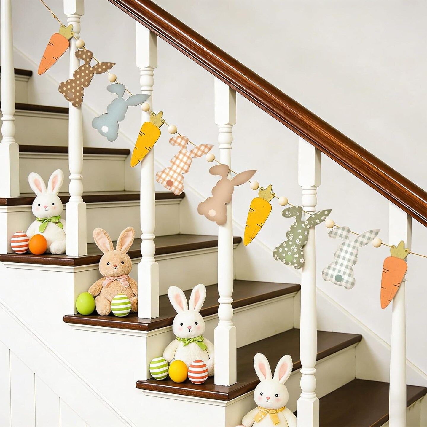 Bunny & Carrot Easter Garland – Wooden Beads Banner for Mantel, Fireplace, Wall & Spring Farmhouse Decorations