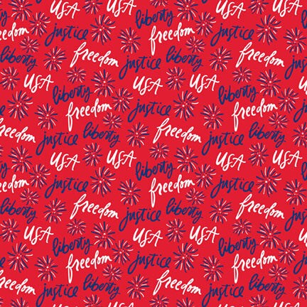 Fabric P & B Textiles Red Verbiage and Fireworks Patriotic Minis by the Quarter Yard PMIN6043-R