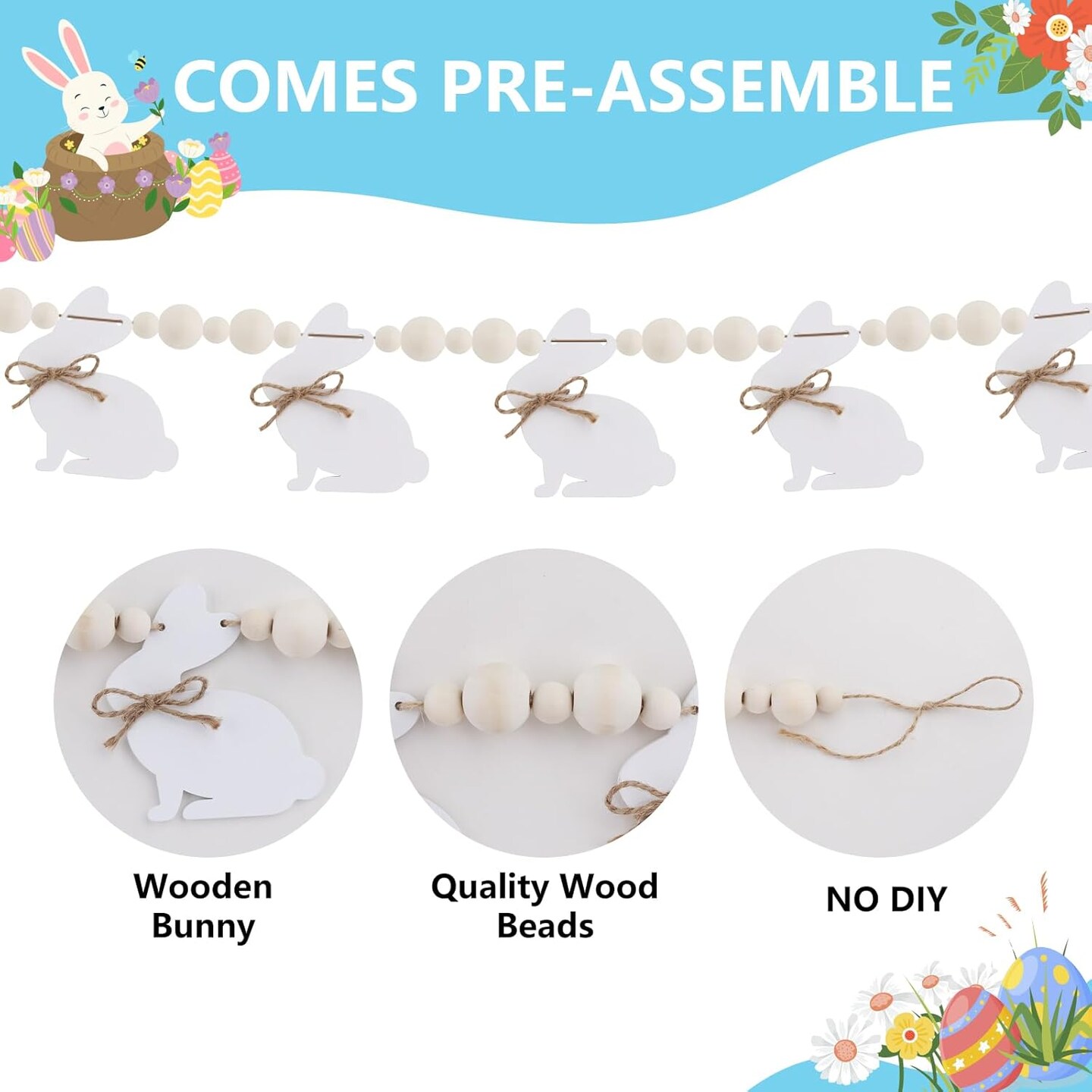 Rustic Wooden Bunny Garland – Farmhouse Easter Banner for Mantle, Fireplace, Wall, or Party Decor
