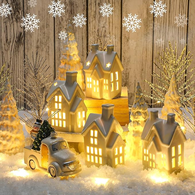 Village Houses Ceramic Christmas Tree Porcelain Plastic Vintage Truck Snow Covered Branch Trees for Xmas Party Table Decorations