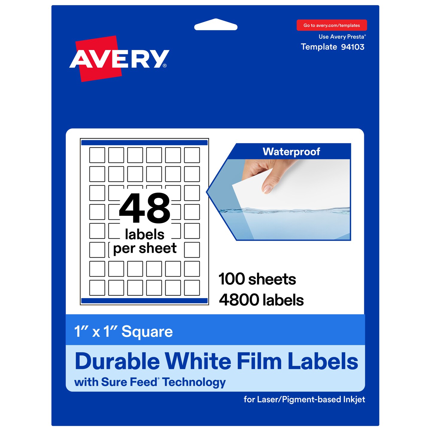Avery Durable Waterproof Square Labels with Sure Feed, 1" x 1"