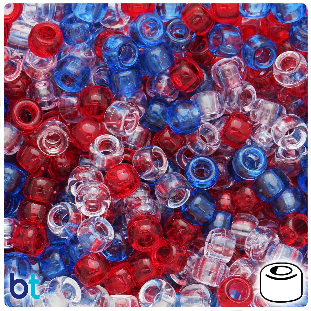 BeadTin Patriotic Transparent Mix 9mm Barrel Plastic Pony Beads (500pcs)