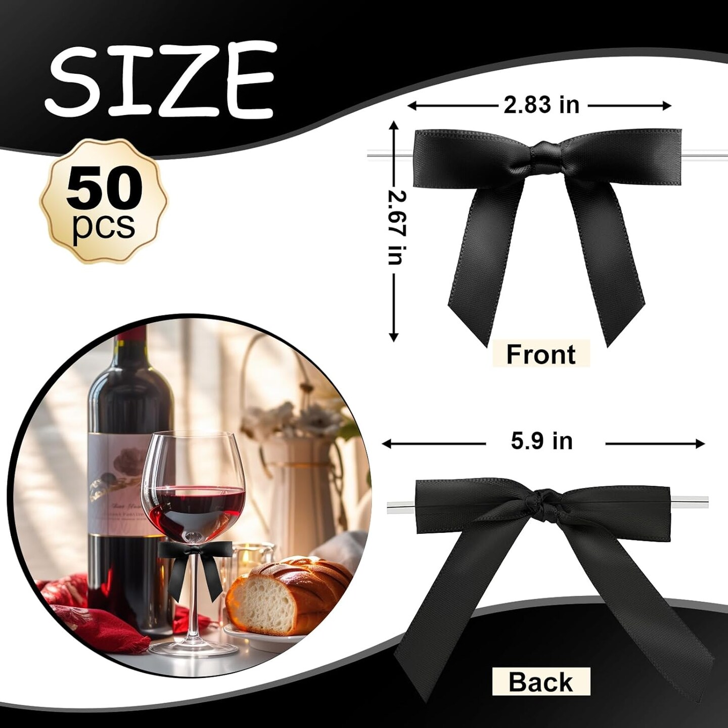 Satin Ribbon Black Bow Decor 2.5" Premade Pink Twist Tie Bows (50 Counts)