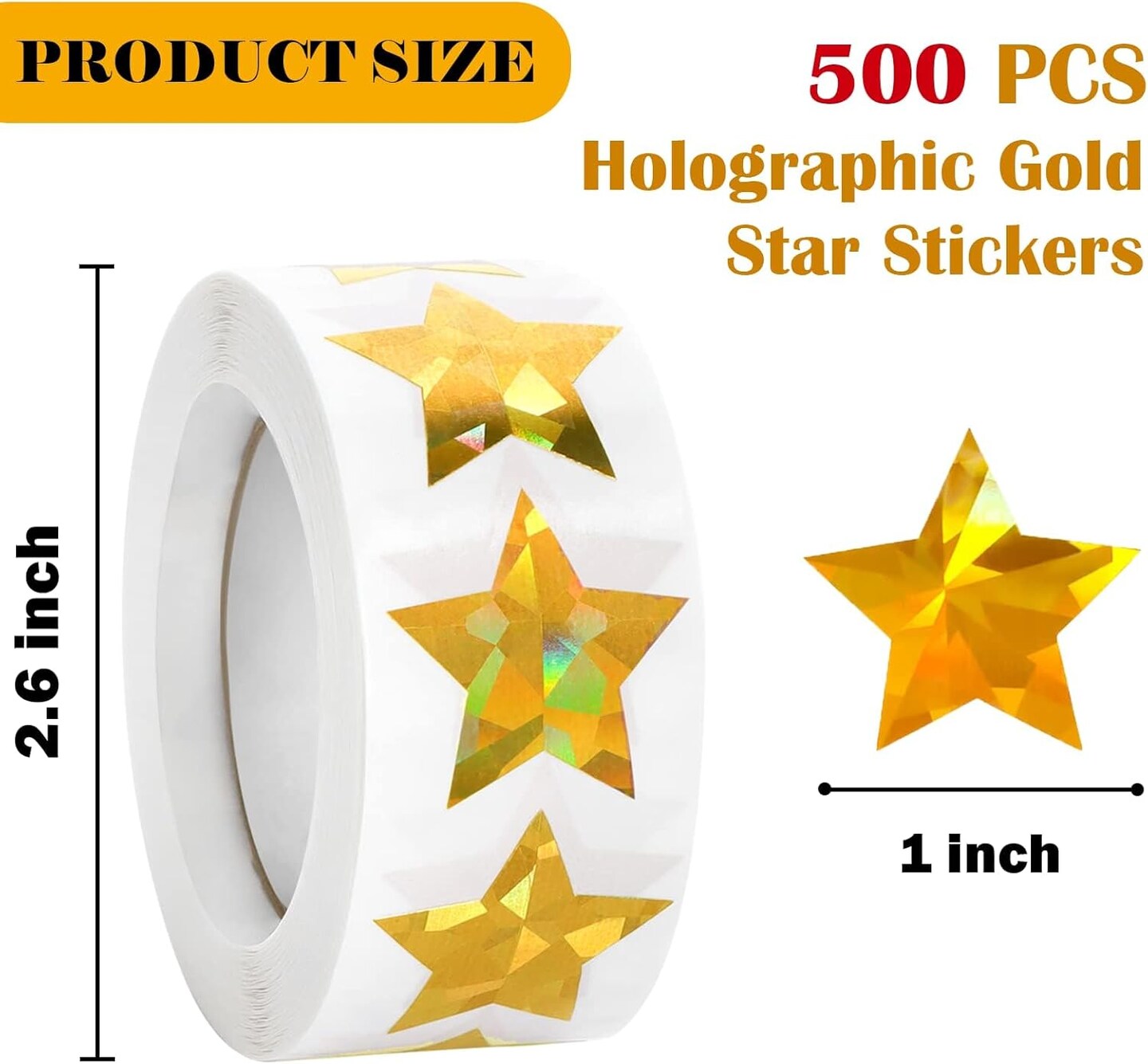 500 PCS Holographic Gold Star Stickers, 1 inch Self Adhesive Metallic Glitter Foil Stickers