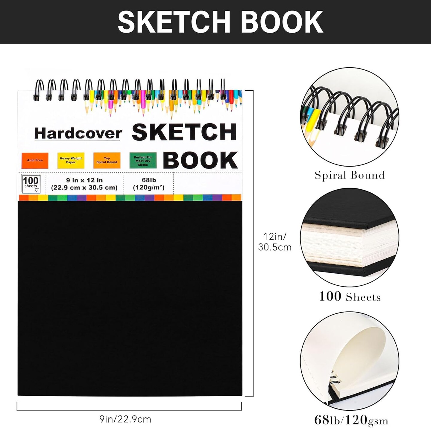 Black Sketchbook Hardcover 100 Sheets (68lb/120gsm) Acid Free Art Paper for Drawing