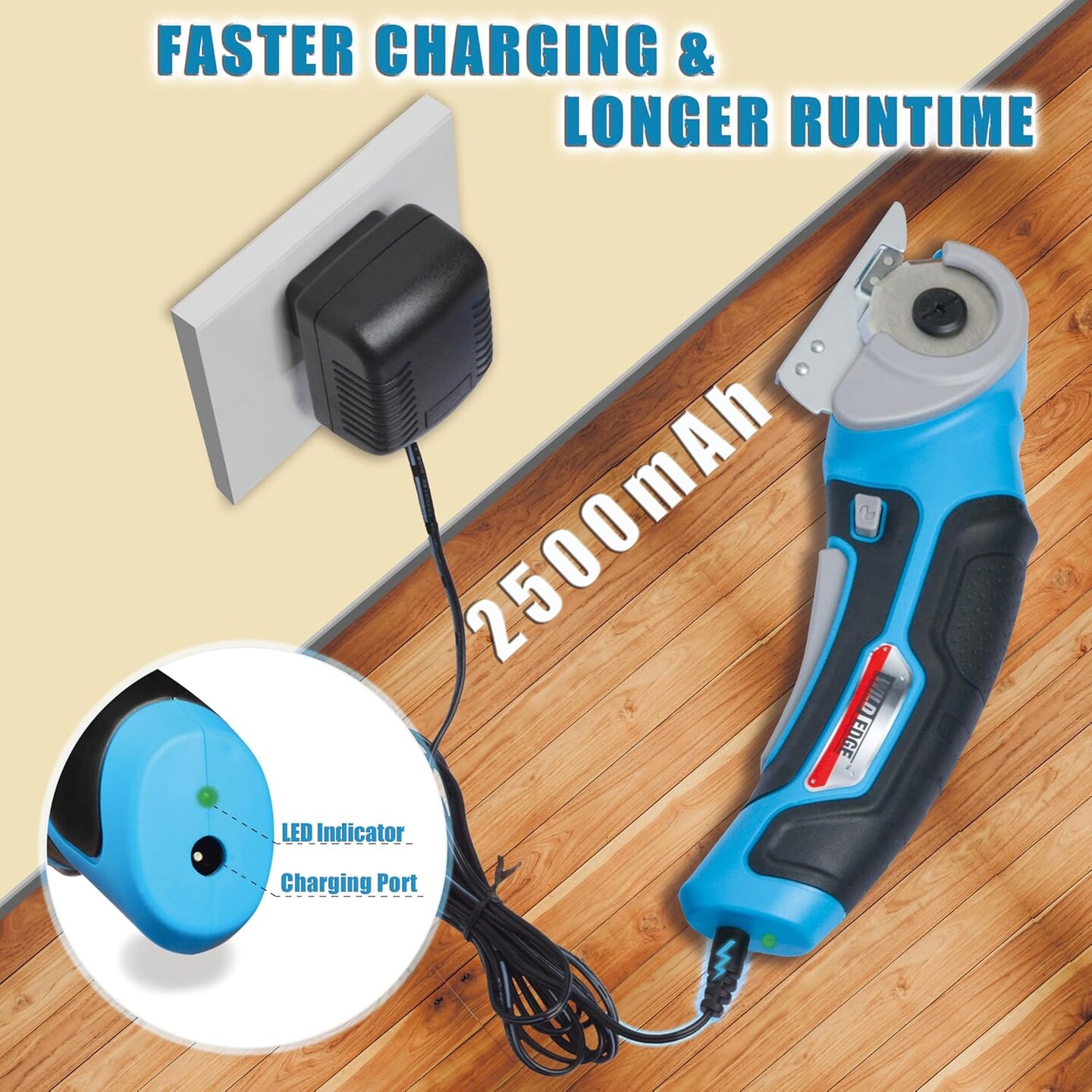 Rotary Electric Scissors, 4V 2.5Ah High-Capacity Battery Rechargeable Cardboard Cutter with Rapid Charger and Hard Carrying Case for Cutting Fabric, Carpet, Leather, Felt, Cardboard