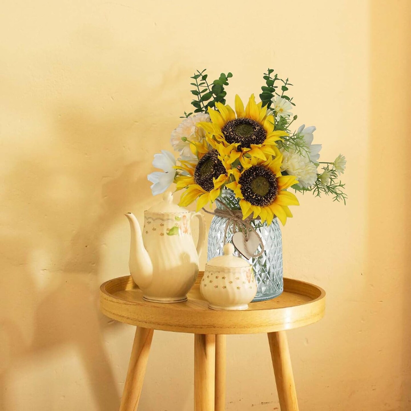 Fake Flowers in Vase,Artificial Sunflower Bouquets in Vase with a Flower Arrangement Holder,Table Centerpieces for Dining Room,Flower Centerpieces for Tables,Faux Flowers in Vase,Coffee Table Decor