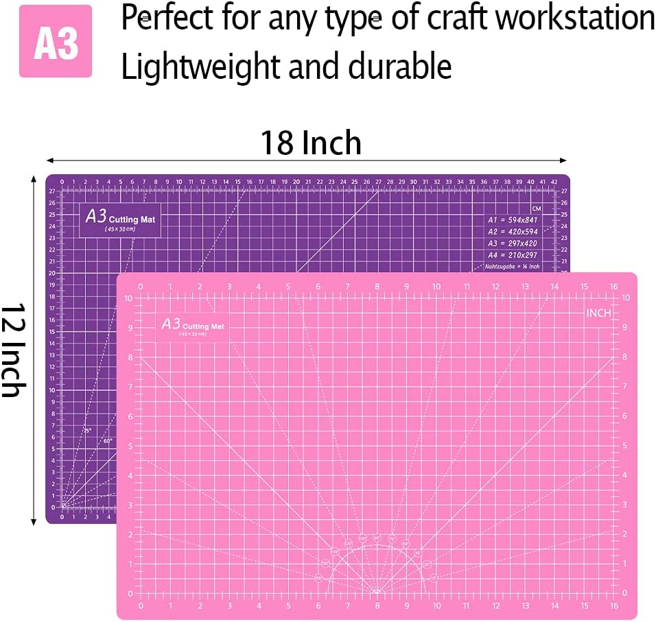 18"x12" Thickened Self Healing Cutting Mat, A3 Rotary Cutting Sewing Mat for Crafts, Double Sided 5-Ply Table Cutting Board for Fabric Quilting Art Hobby Project, Pink/Purple