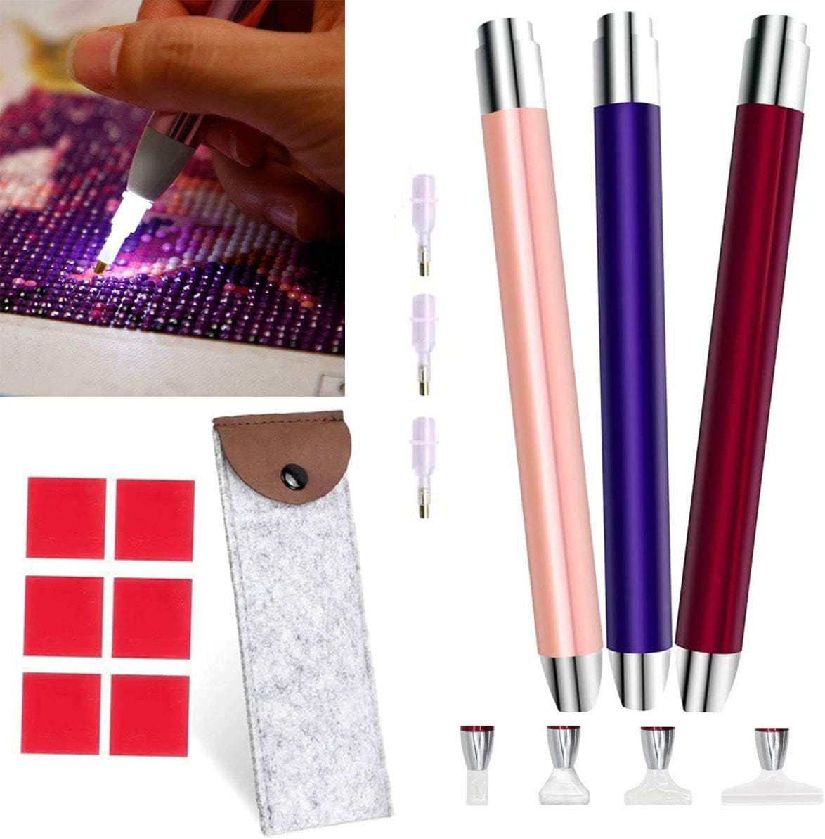 Diamond Art Painting Pen with Light, 3 Tools, 4 Pen Heads, Bag