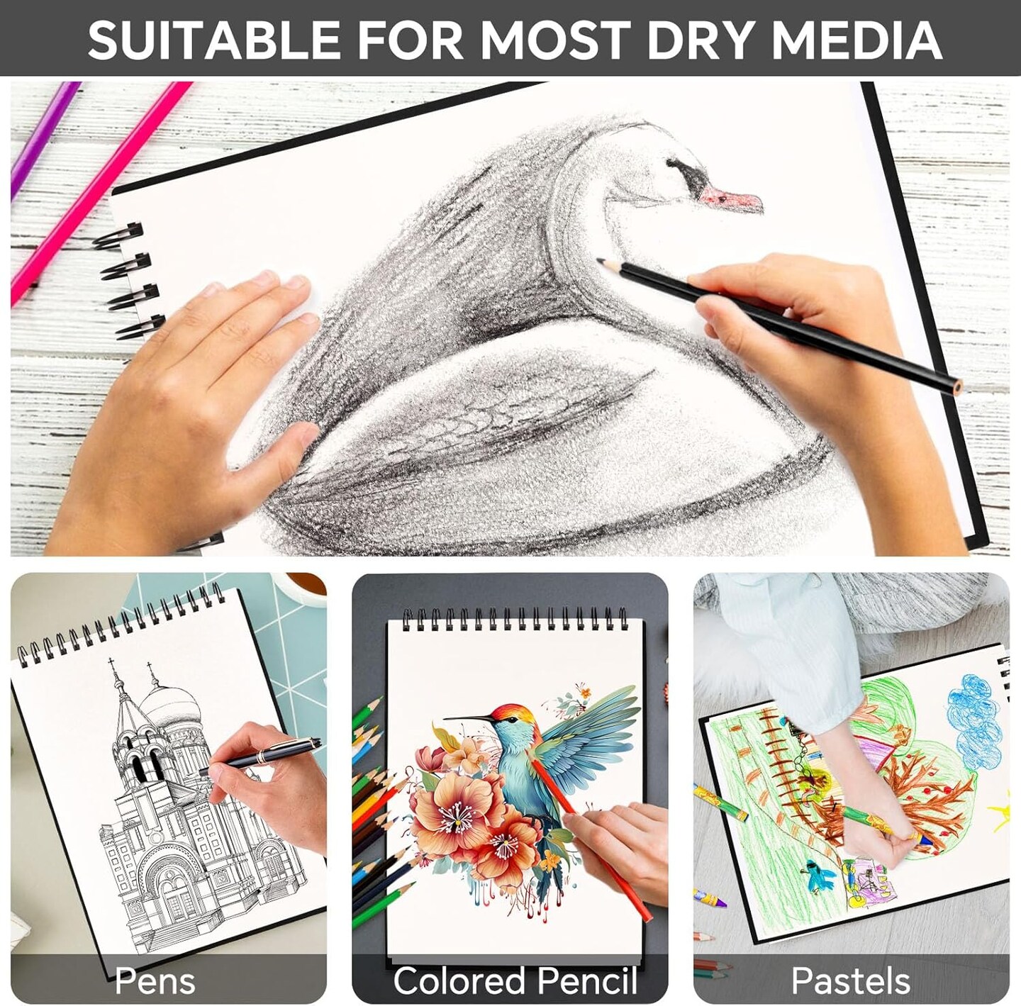 9x12” Spiral Sketchbook – 100 Sheets, 68lb/120gsm Acid-Free Drawing Paper