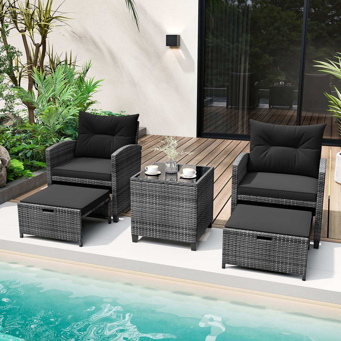 Costway 5 Piece Patio Rattan Furniture with 2 Ottomans & Tempered Glass Coffee Table Black/Grey/Navy/Beige/Red