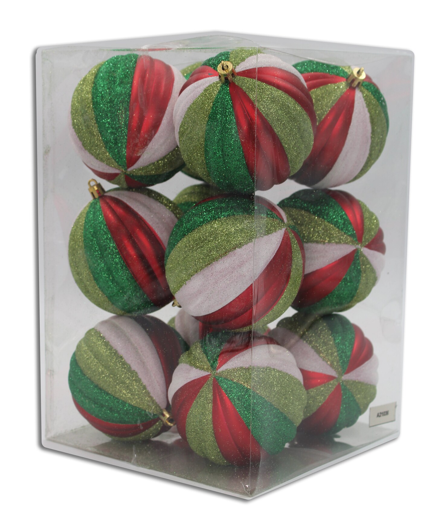 12 Pack Red, White, Lime Green and Green Glitter Assorted Ball Ornaments