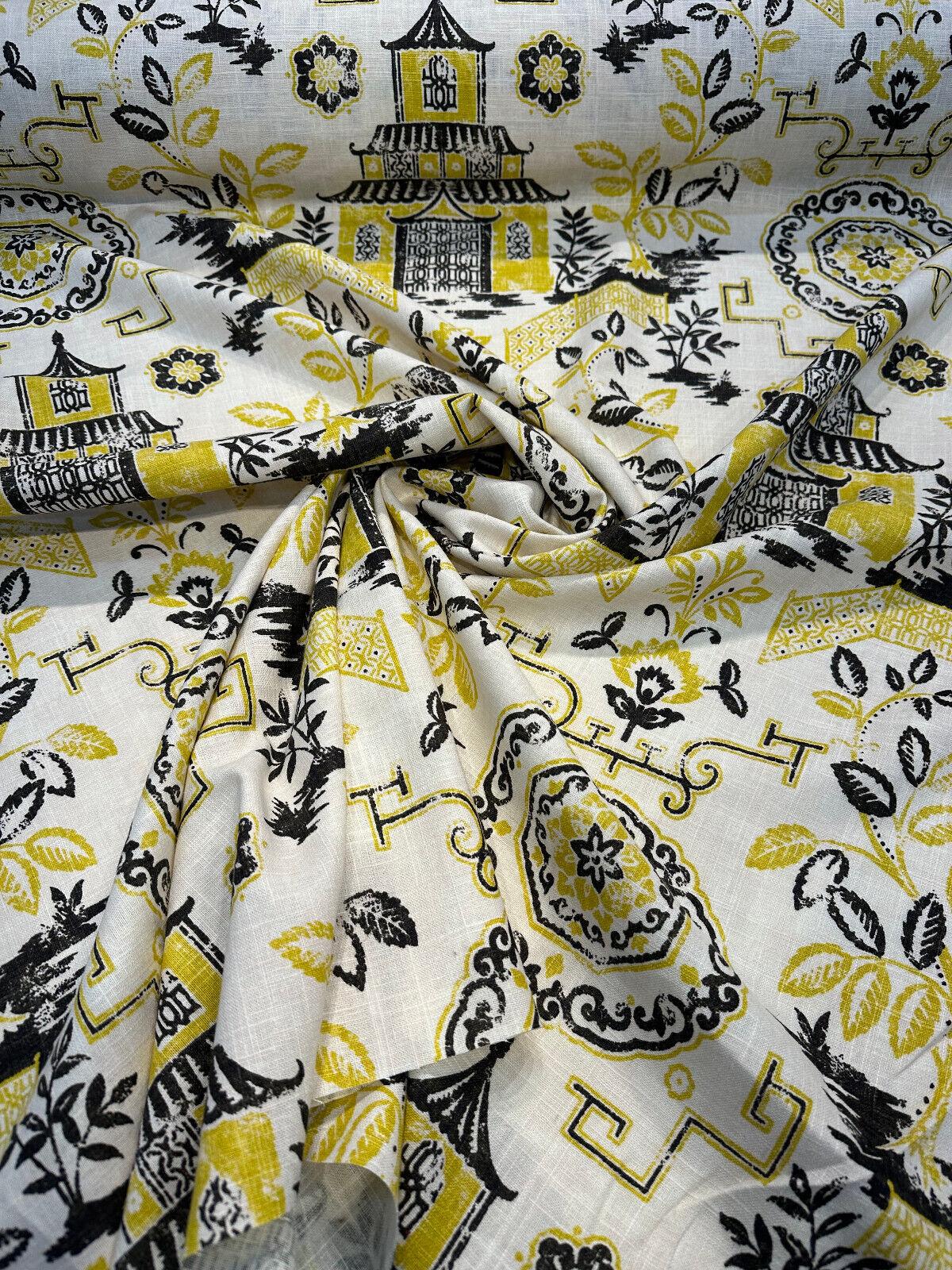 1 Yard Teahouse Toile Yellow Canary Drapery Upholstery Fabric 54 Inches Wide