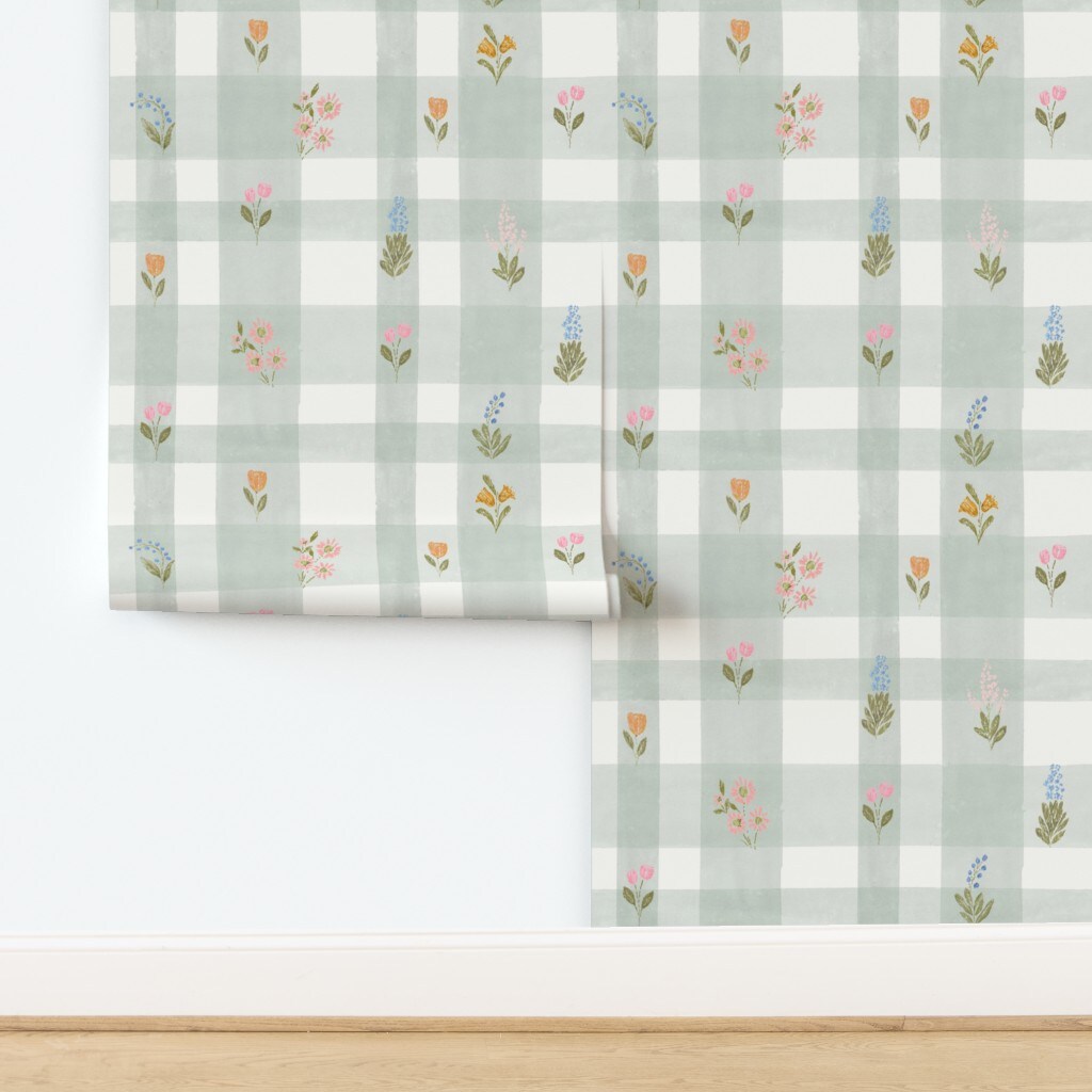 Cottagecore Floral Plaid Watercolor Sage Pastel Summer Spring Nursery Tulip Large Scale Cottage Coquette Boho Garden Flowers Modern Farmhouse Custom Pre-pasted Wallpaper by Spoonflower Pre-Pasted Wallpaper 2FT Wide