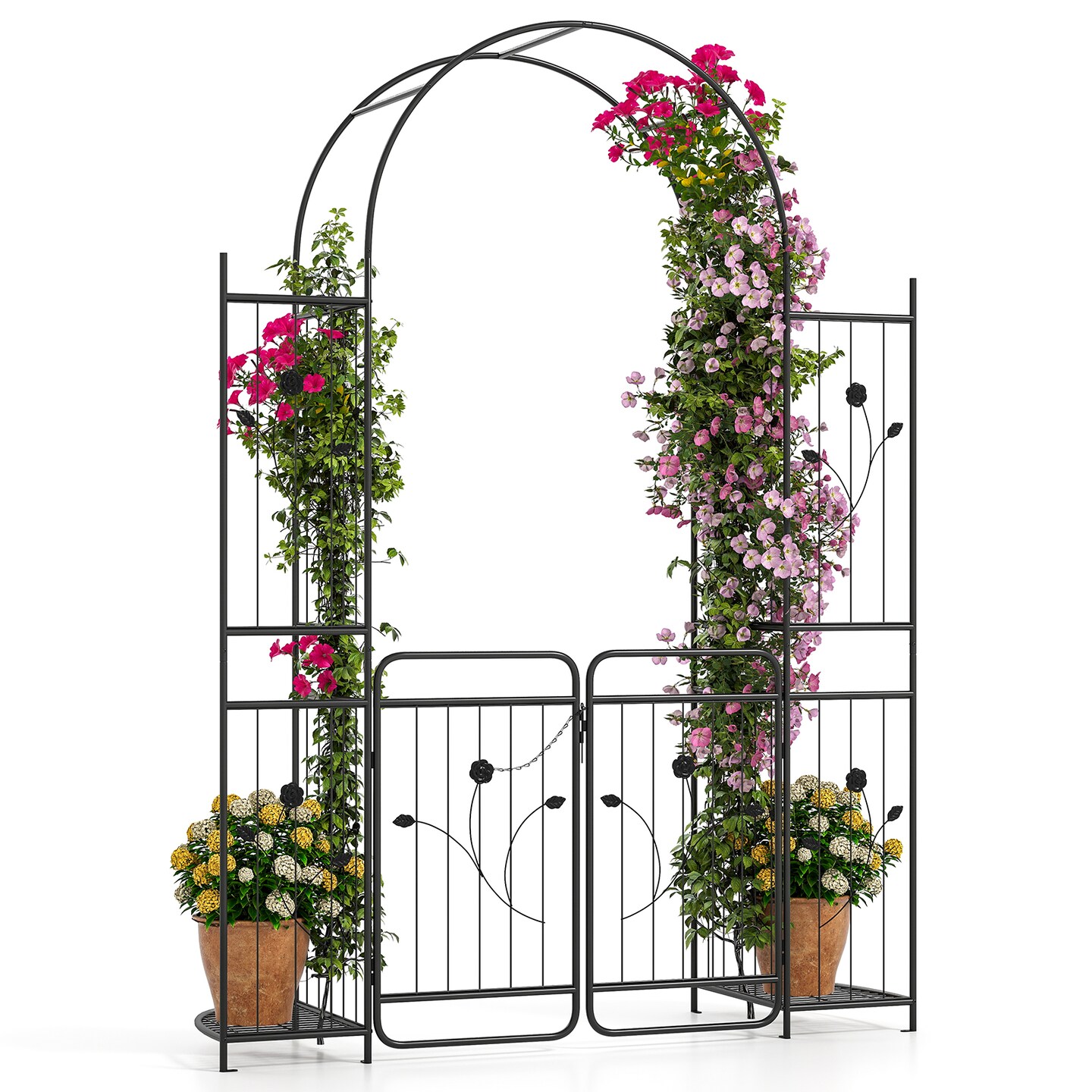 87" Metal Garden Arbor Arch with Gate Planters and Climbing Trellis