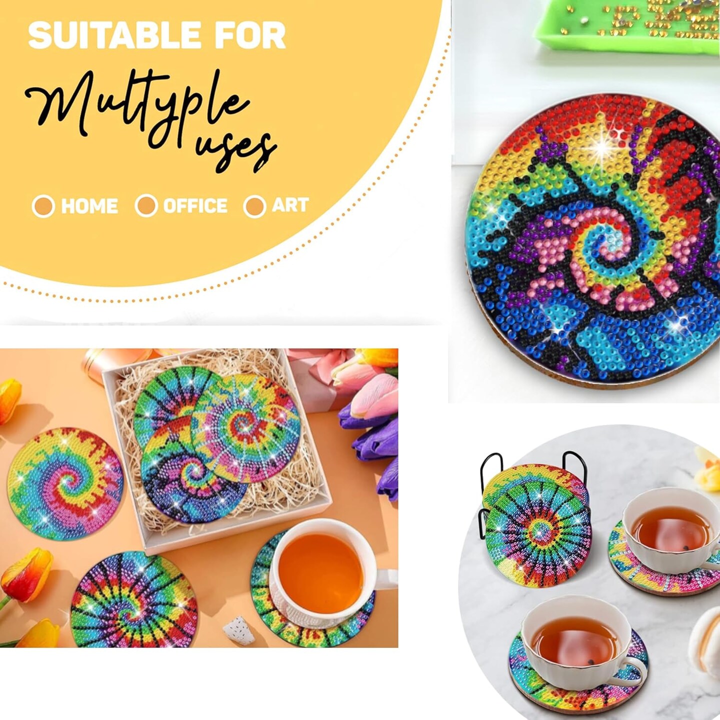 8-Piece Tie Dye Diamond Painting Coasters with Holder – Fun DIY Craft Gift for Adults & Kids