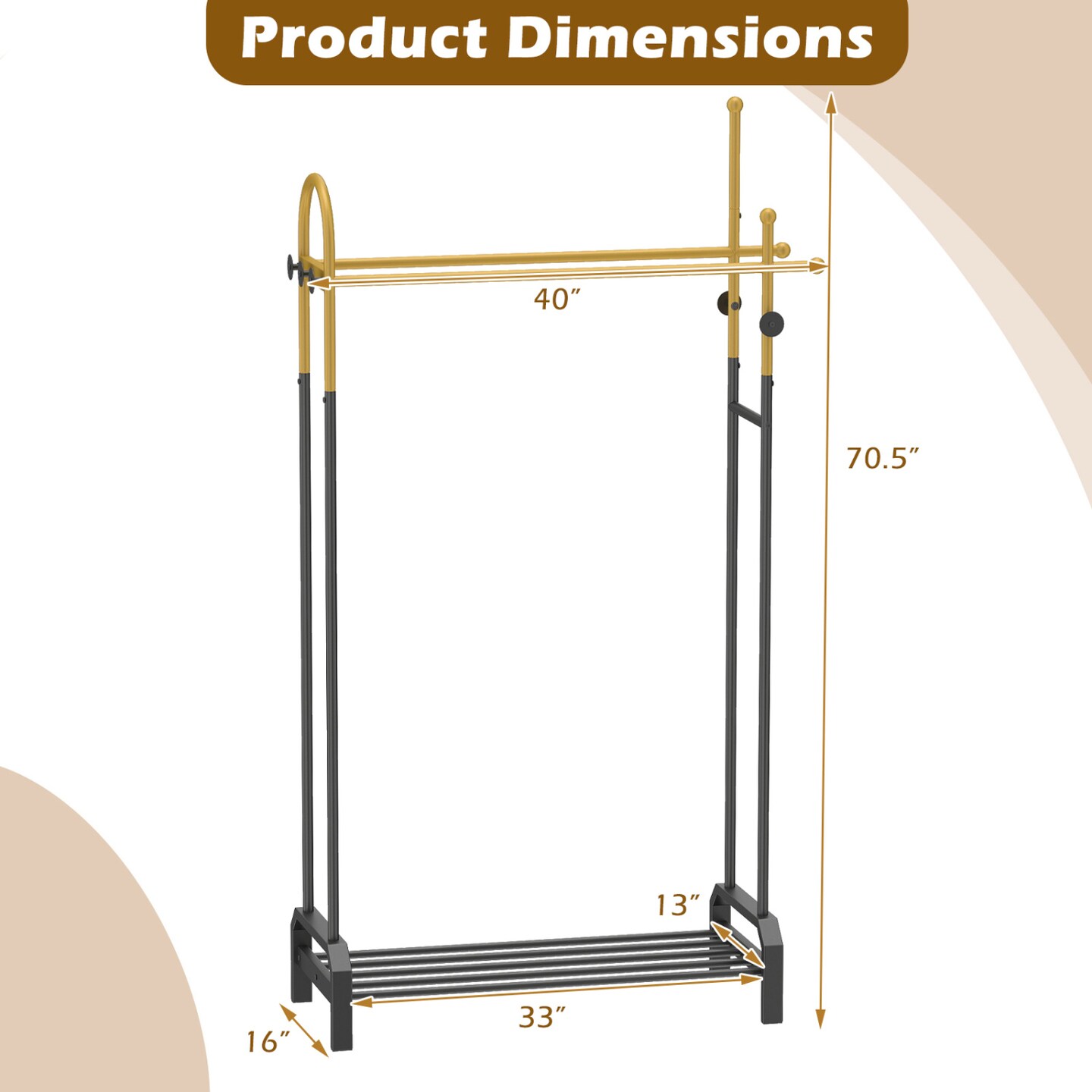 Double Rod Garment Rack with Hooks and Shoe Shelf Gold and Black