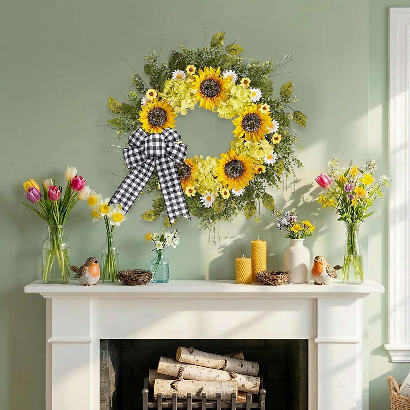 22 inch sunflower wreath for front door, designed for spring and summer décor with a welcoming style and decorative bow, perfect for farmhouse porch, wall, or window display, suitable for indoor and outdoor use and ideal as a housewarming gift