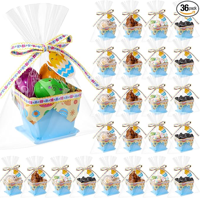36 Set Plastic Easter Gift Baskets Empty Small Party Favor Boxes with Trays, Tags, Ribbons, Wrap Bags, Ties & Tissue Liners for Candy Dessert, Easter Egg Hunt Supplies