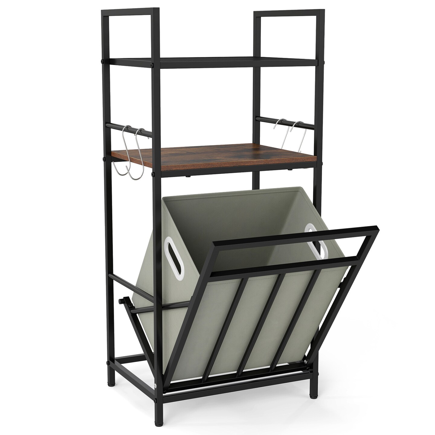 Black Rustic Brown Laundry Hamper with Tilt Out Basket Shelves and Laundry Bag