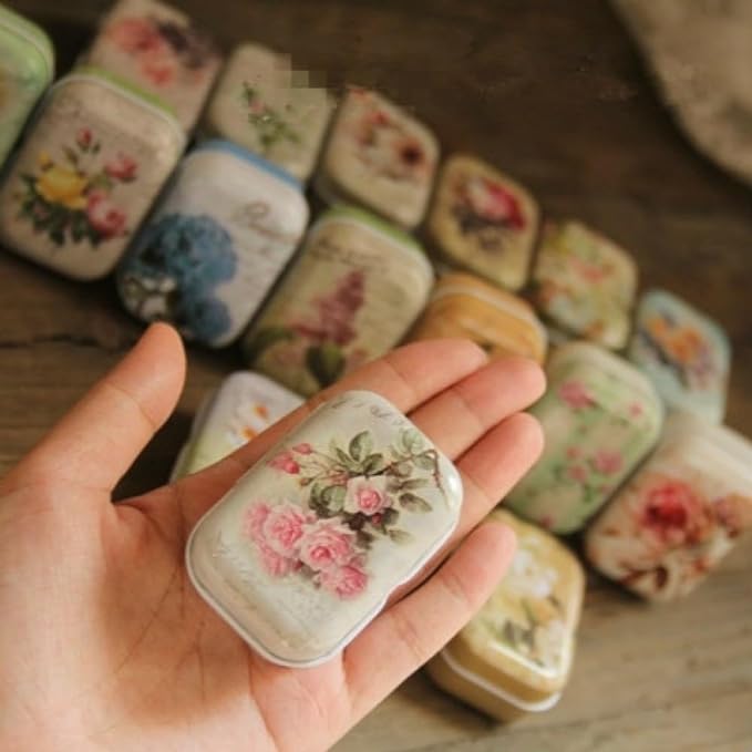 8Pcs Mini Flower Tin Trinket Jewelry Organizer Storage Box Decorative Boxes Small Metal Tins with Hinged Lids Portable Box Containers Small Storage Kit,Easter Basket Stuffers