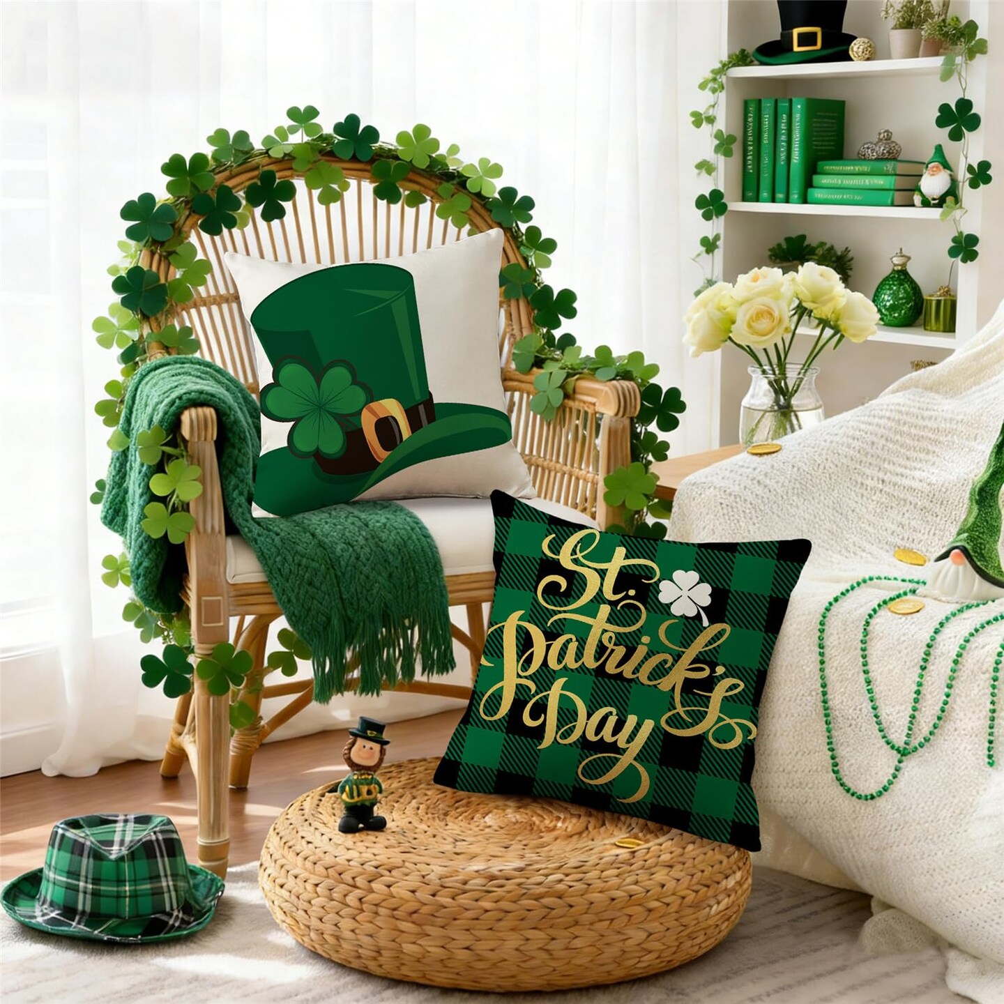 St Patricks Day Pillow Covers 18x18 Buffalo Plaid St Patricks Day Decorations Lucky Clover Hat Throw Pillow Covers Shamrock Cushion Case for Sofa Couch Set of 4