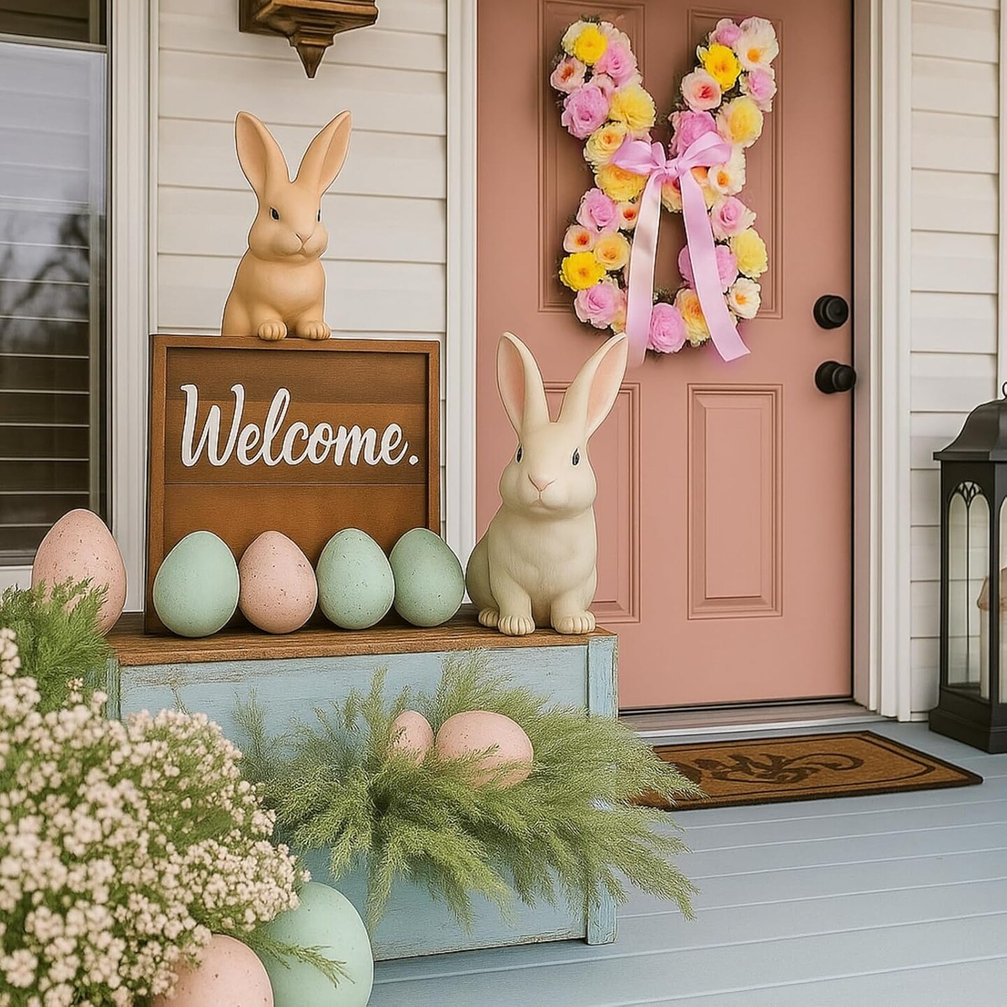 Easter Bunny Wreath – Spring Floral Rabbit Door Decoration with Pink Bow for Indoor & Outdoor